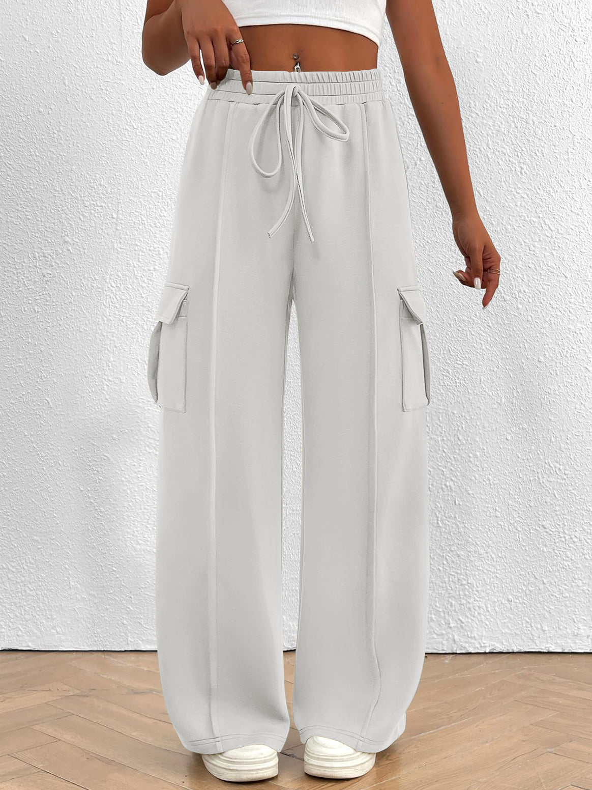 Women Wide Cargo Lounge Pants with Drawstring Waist and Flap Pockets Mune Fashion