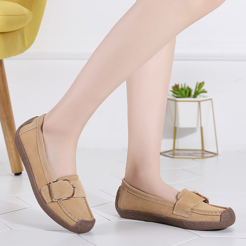 Women's moccasin slippers made of suede leather with decorative metal buckle, padded footbed, and non-slip rubber outsole Mune Fashion