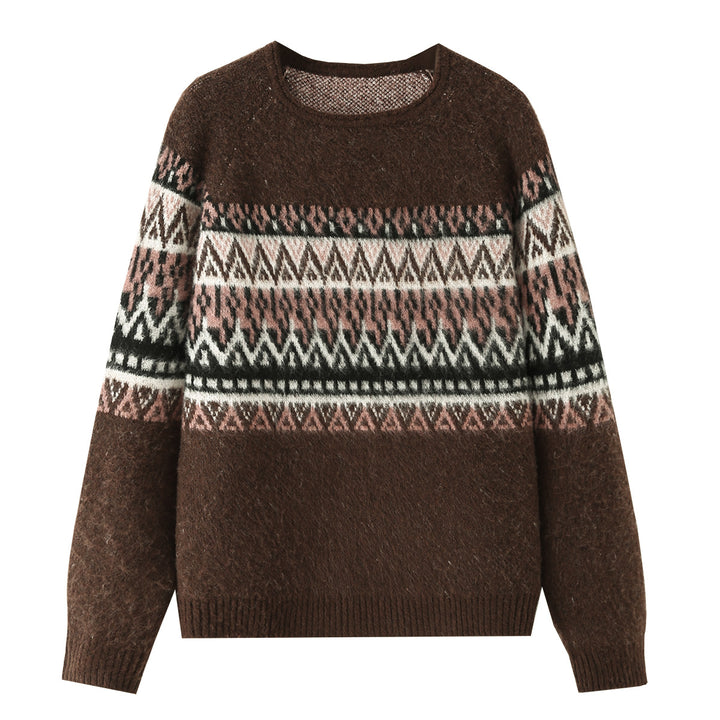 Women Oversize Mohair-Mix Sweater with Round Neck and Fair Isle Pattern Mune Fashion