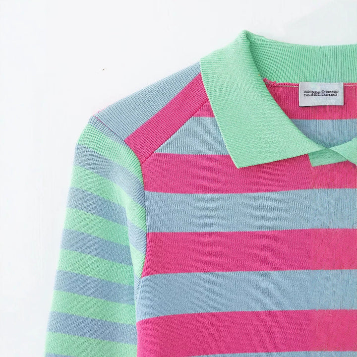Women Striped Short Jacket-Cardigan with Polo Collar and Button Placket Mune Fashion