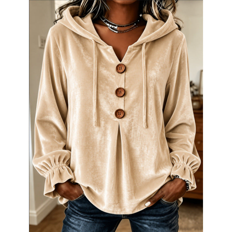 Women's Velvet Hoodie with Wooden Button Placket, Drawstring and Gathered Sleeves Mune Fashion