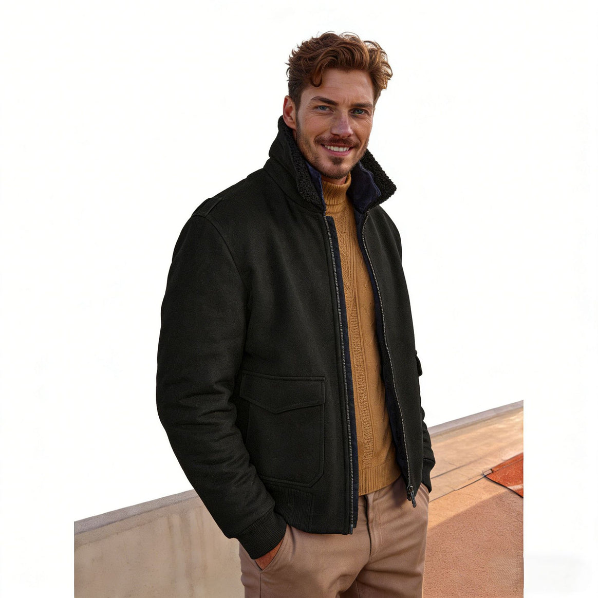 Men's Short Bomber Jacket with Teddy Collar, Cargo Flap Pockets and Zipper Mune Fashion