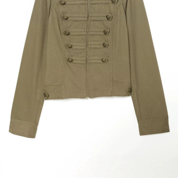 Women's military-inspired tailored field jacket with stand-up collar and decorative button placket Mune Fashion