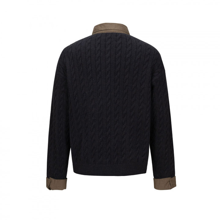 Men's Structured Cable Knit Henley Sweater with Contrast Shirt Collar and Cuff Turn-ups Mune Fashion