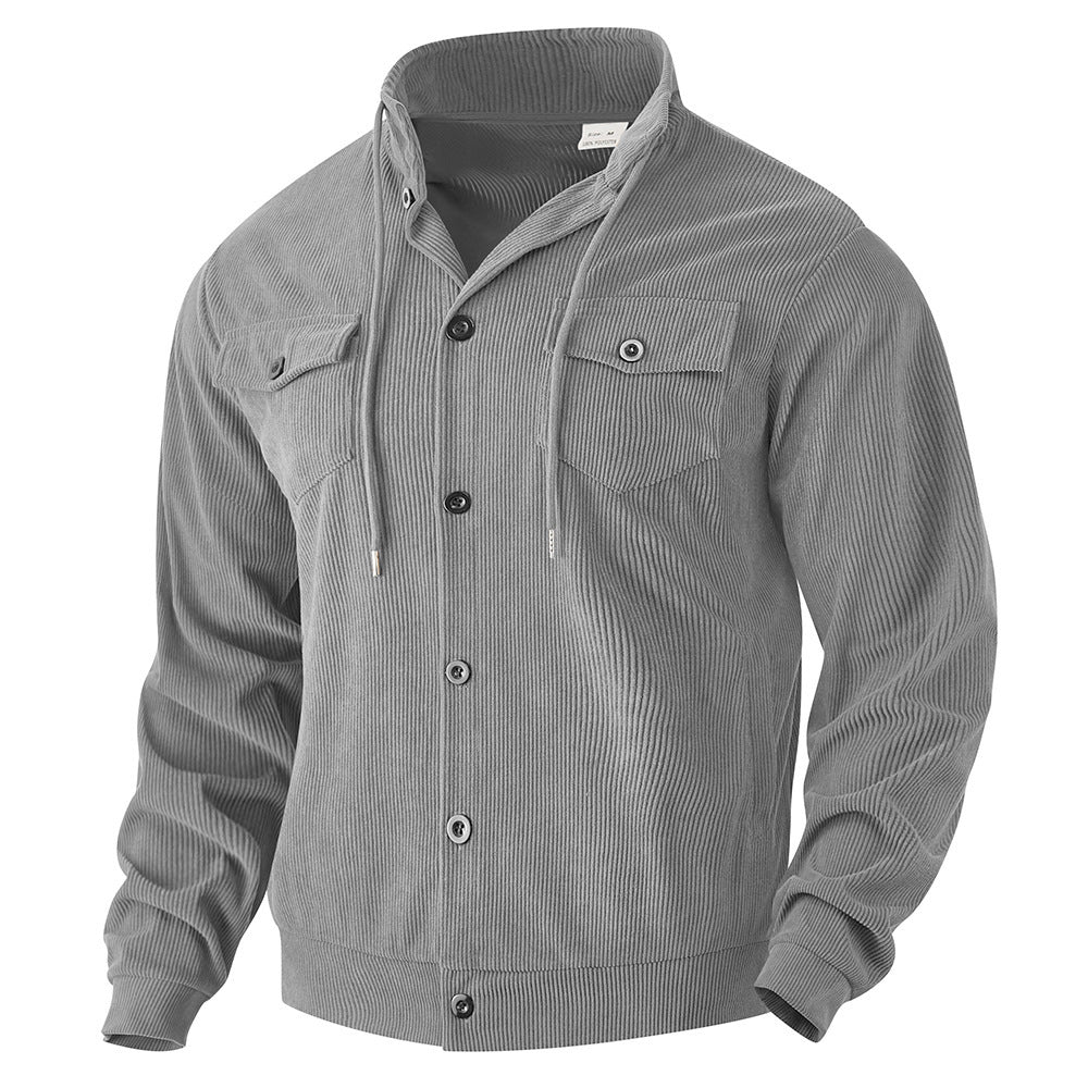 Men's structured cord worker jacket with hidden hood, snap button closure and patch breast pockets Mune Fashion