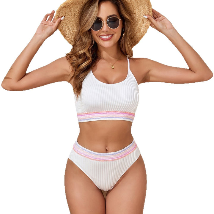 Women Two-Piece Bikini Set with Fashionable Ribbed Design and Elastic Waistband Mune Fashion