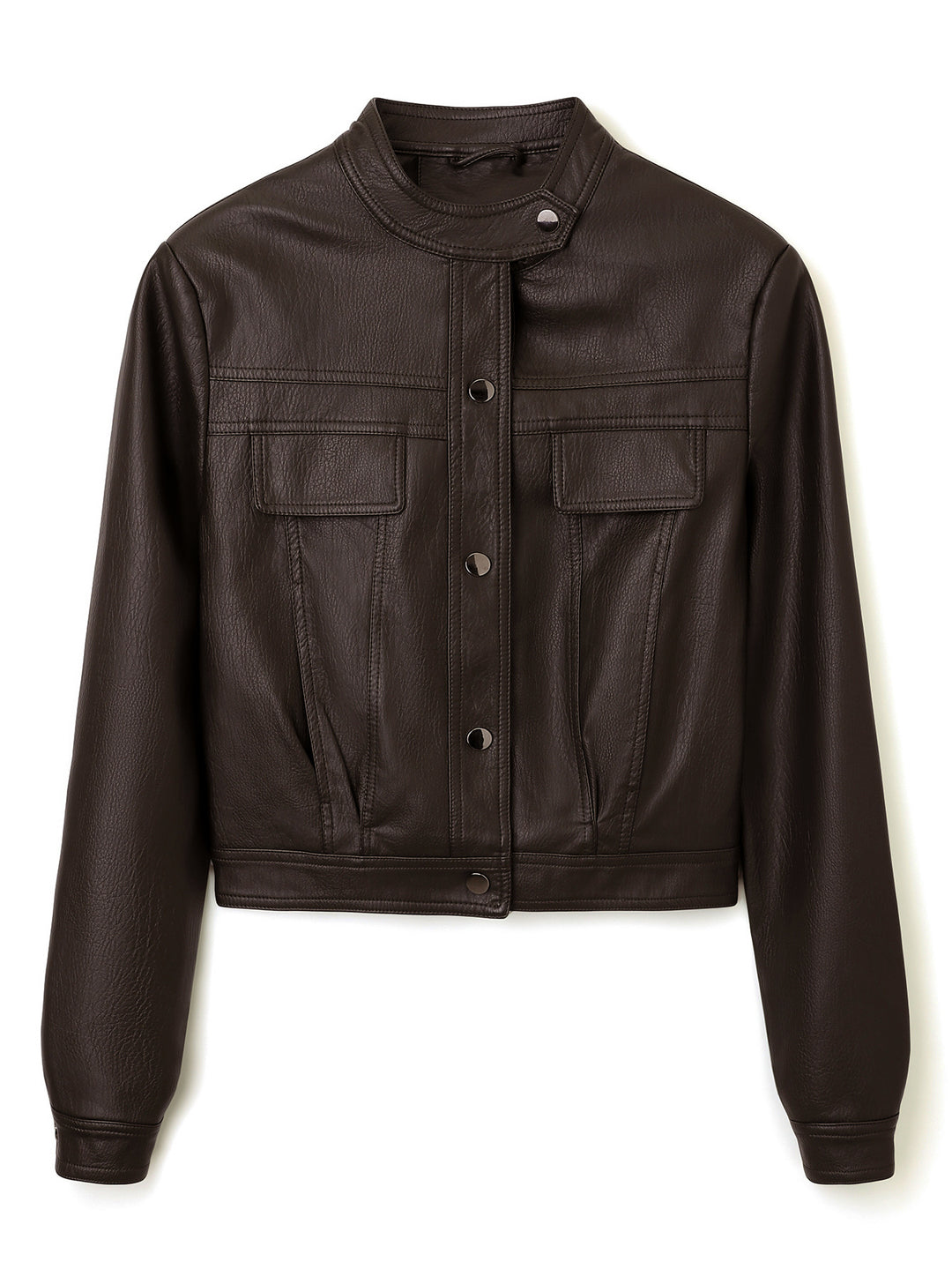 Women's Short Cut Leather Jacket with Stand-Up Collar and Flap Pockets Mune Fashion