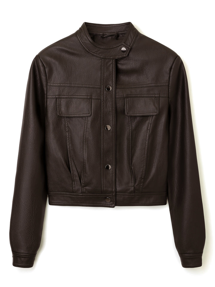 Women's Short Cut Leather Jacket with Stand-Up Collar and Flap Pockets Mune Fashion