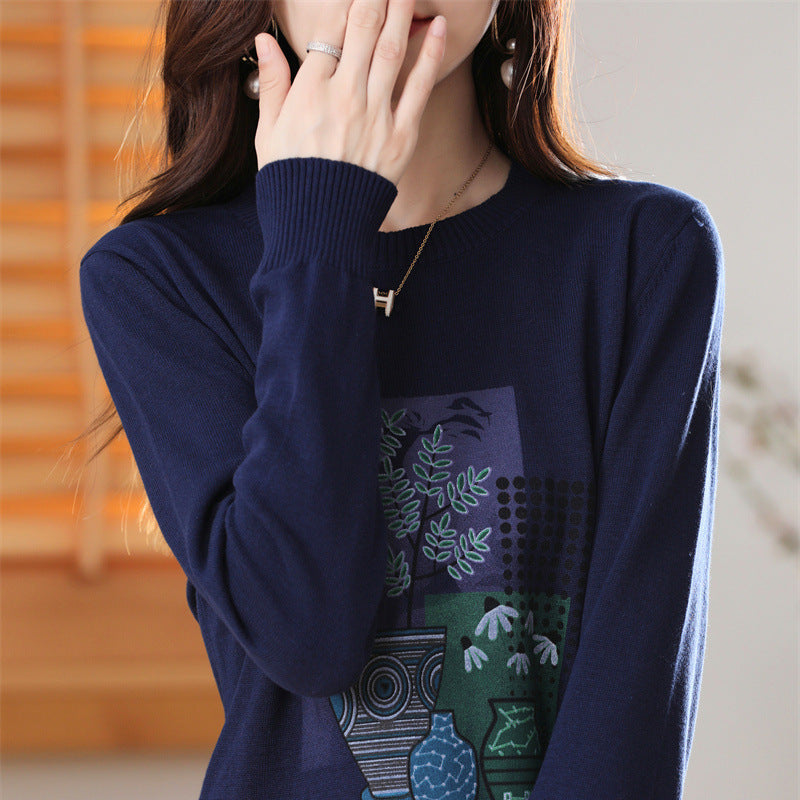 Women’s Lightweight Round Neck Sweater with Graphic Plant Print and Fine Knit Mune Fashion