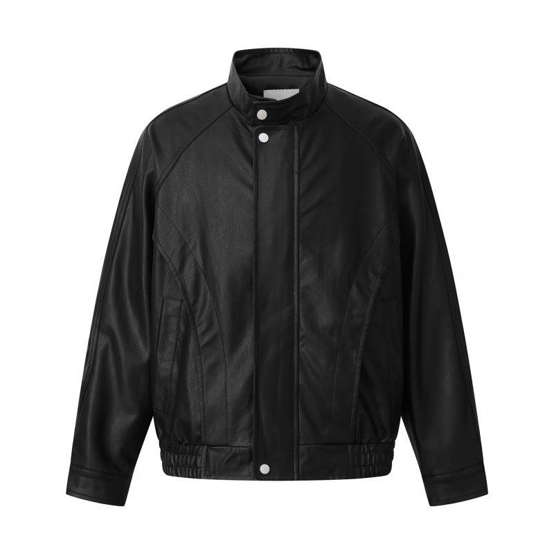 Unisex short-cut boxy faux leather bomber jacket with high stand-up collar, snap button placket, and elastic hem Mune Fashion