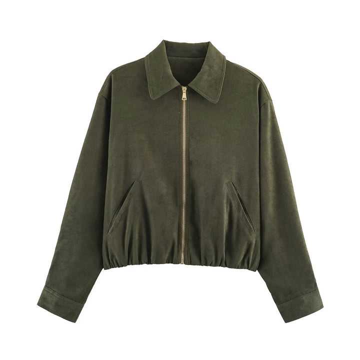 Women's Short Cut Bomber Jacket with Zipper, Shirt Collar and Elastic Hem Mune Fashion
