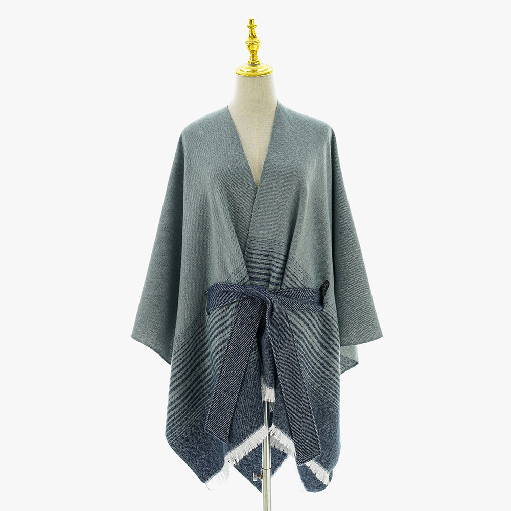 Ladies wrap poncho made of fine knit with tie belt and fringed hem Mune Fashion