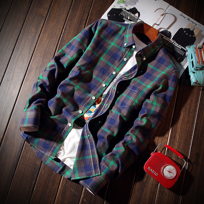 Men's casual checked cotton flannel shirt with button-down collar, chest pocket, and rounded hem Mune Fashion