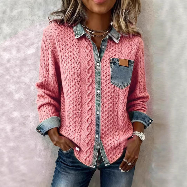 Women's braided knit sweater with integrated denim collar and chest pocket Mune Fashion