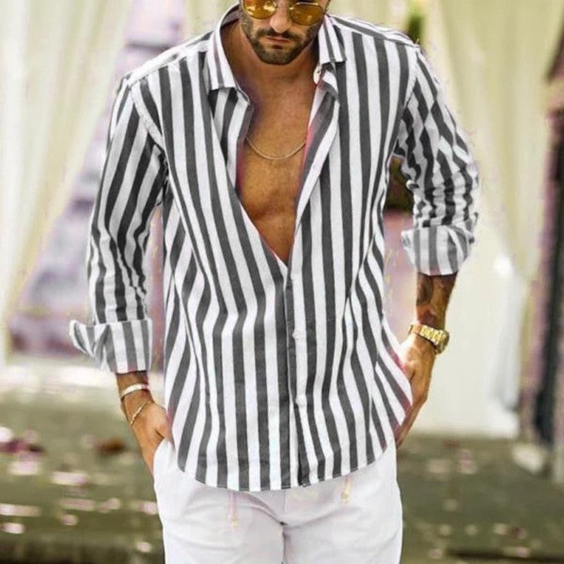 Men's slim fit long sleeve shirt with Kent collar and vertical stripe pattern Mune Fashion
