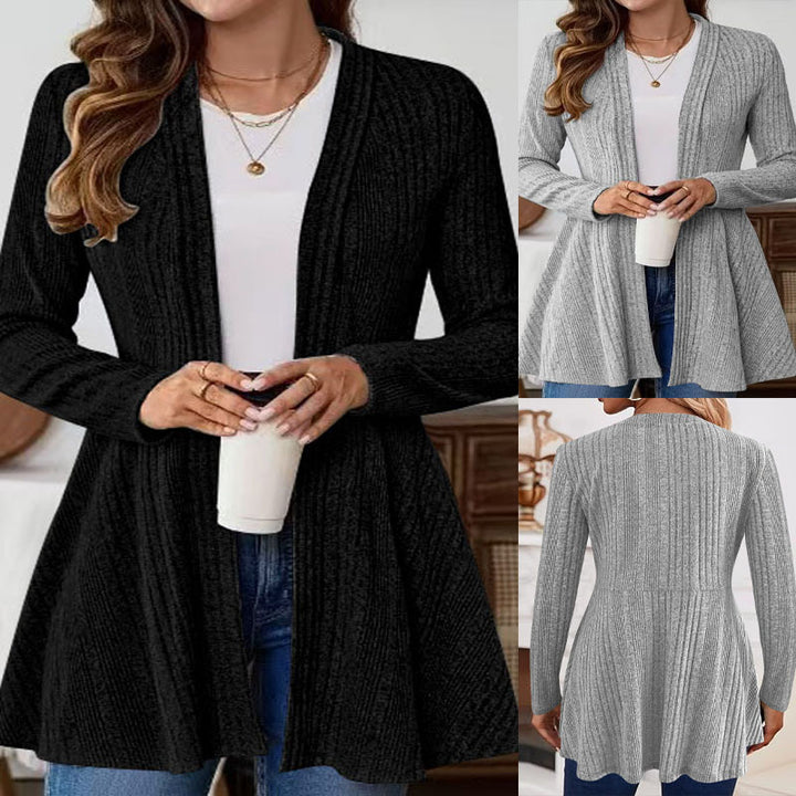 Ladies Open Fine Knit Cardigan with Ribbed Structure, Tailored Cut and Swinging Hem Mune Fashion