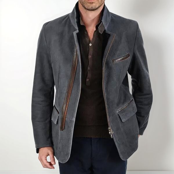 Men's elegant suede jacket with stand-up collar and concealed zipper Mune Fashion