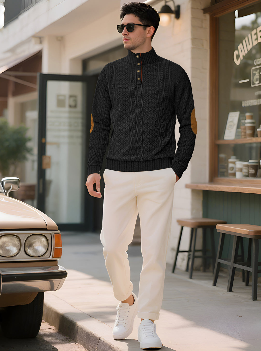 Men's noble button sweater in cable pattern with high stand-up collar and suede elbow patches Mune Fashion