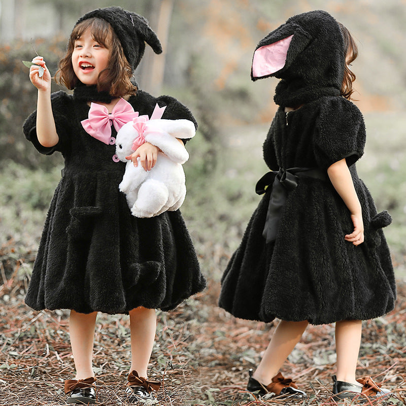 Girl plush bunny costume with hood and large ears detail Mune Fashion