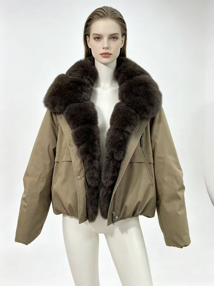 Women's tailored parka bomber jacket with voluminous faux fur collar and windproof outer shell Mune Fashion
