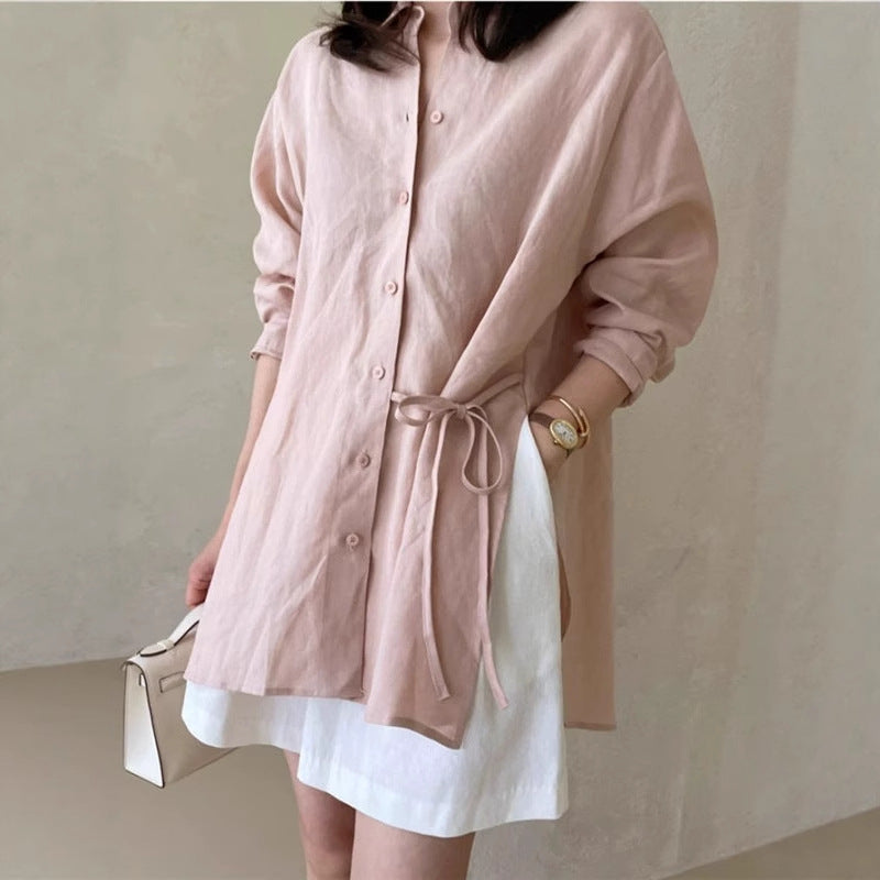 Women loose-fitting linen shirt blouse with stand-up collar, drawstring waist and full button placket Mune Fashion