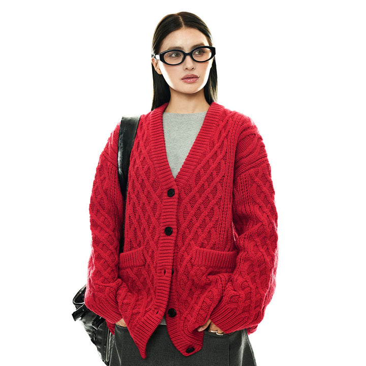 Ladies Oversize Knit Cardigan with Cable Pattern, Patch Pockets and Button Placket Mune Fashion