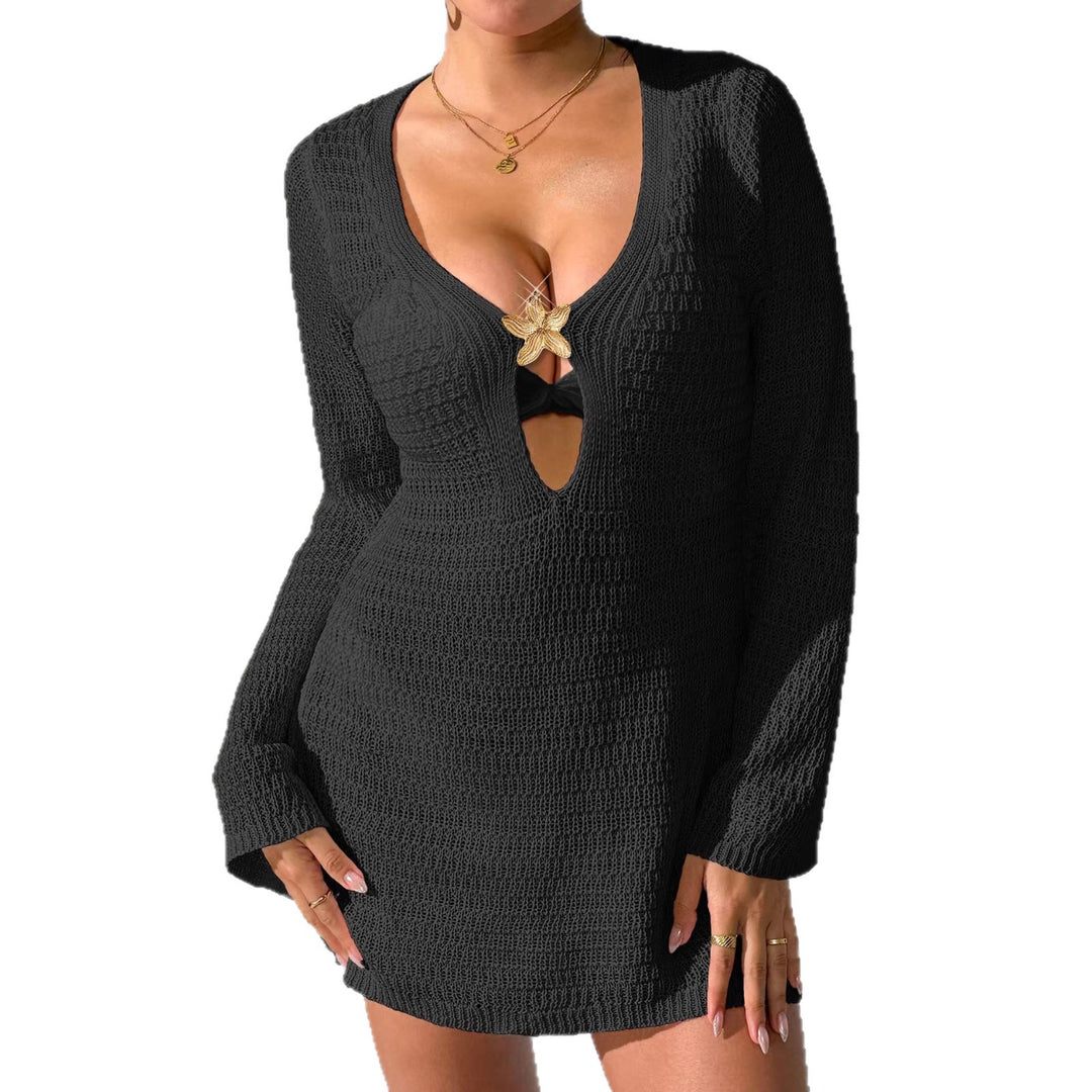 Women's crocheted beach dress with elegant V-neck and long sleeves Mune Fashion