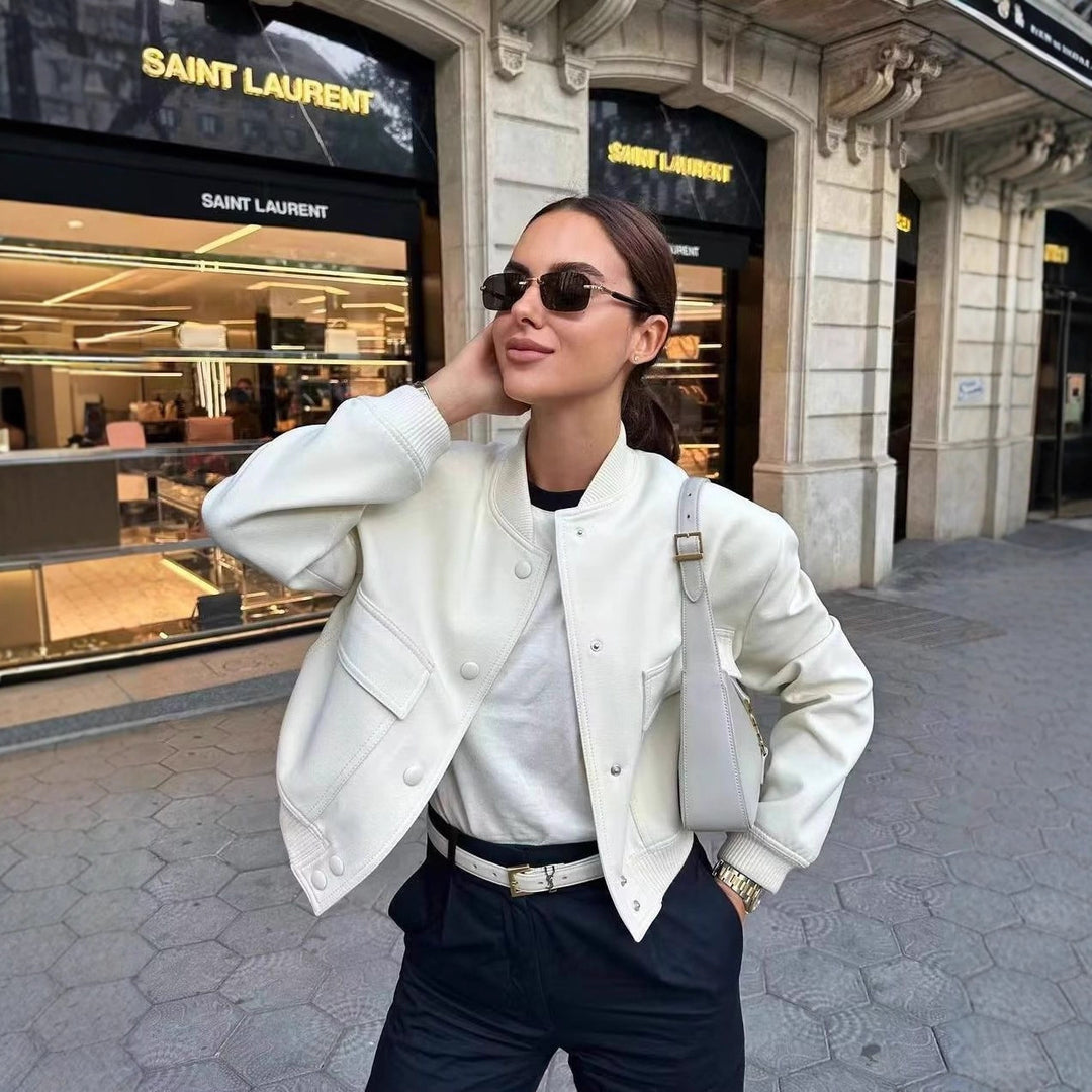Women's Short Bomber Jacket with Leopard Print, Ribbed Cuffs, and Flap Pockets Mune Fashion