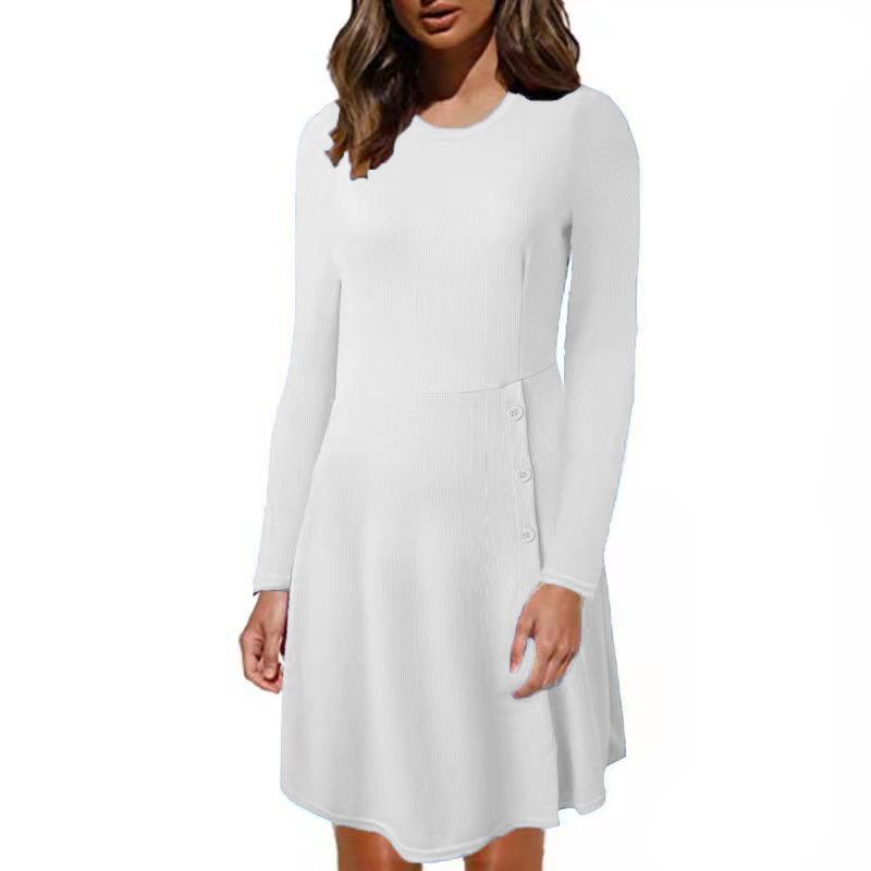 Women's Ribbed A-Line Dress with Round Neckline, Long Sleeves and Side Button Placket Mune Fashion