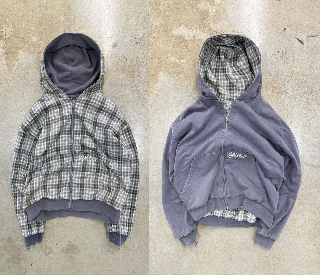Unisex nan reversible hoodie jacket with checked lining, full zip and kangaroo pocket Mune Fashion