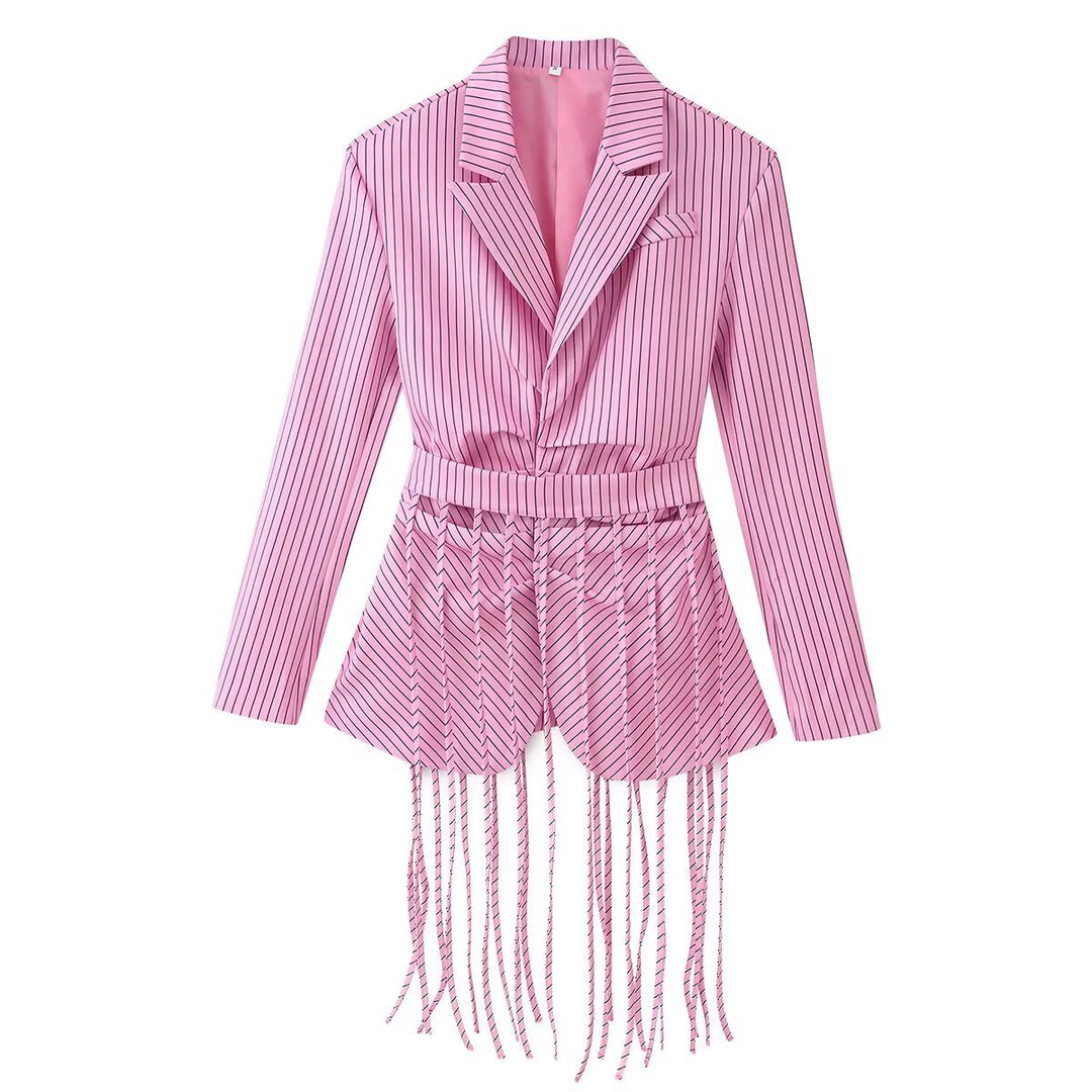 Ladies 20+ tailored blazer with fringe detail and pinstripes Mune Fashion