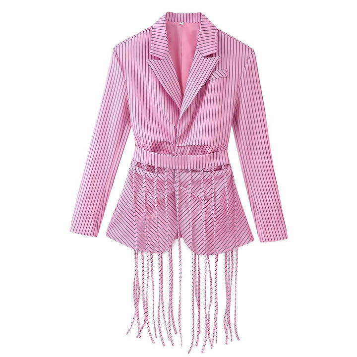Ladies 20+ tailored blazer with fringe detail and pinstripes Mune Fashion