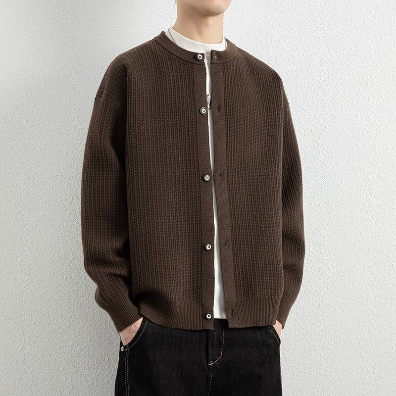 Men's Loose-Fit Structured Knit Cardigan with Round Neck and Button Placket Mune Fashion