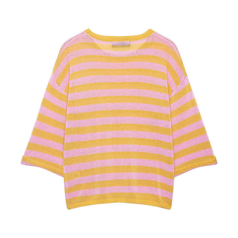 Women's Striped Oversized Knit Sweater with Wide Three-Quarter Sleeves and Round Neckline Mune Fashion