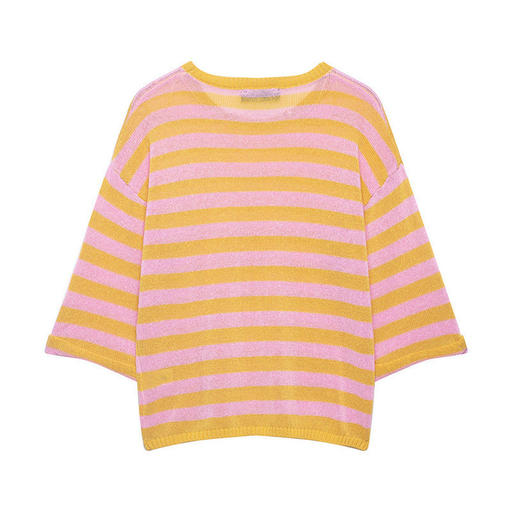 Women's Striped Oversized Knit Sweater with Wide Three-Quarter Sleeves and Round Neckline Mune Fashion