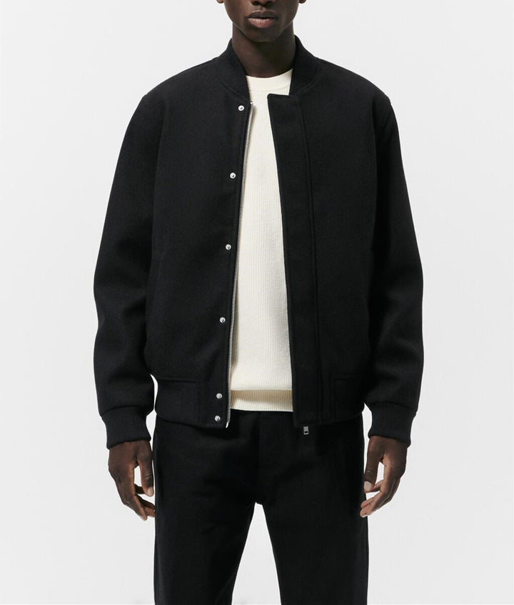 Men's bomber jacket made of wool blend in boxy cut with concealed snap button placket and ribbed cuffs Mune Fashion