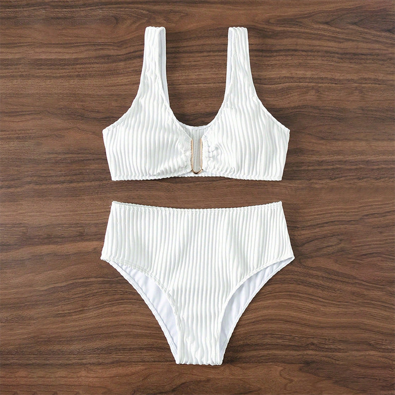 Ladies High-Waisted Bikini Set with Elegant Striped Pattern Mune Fashion