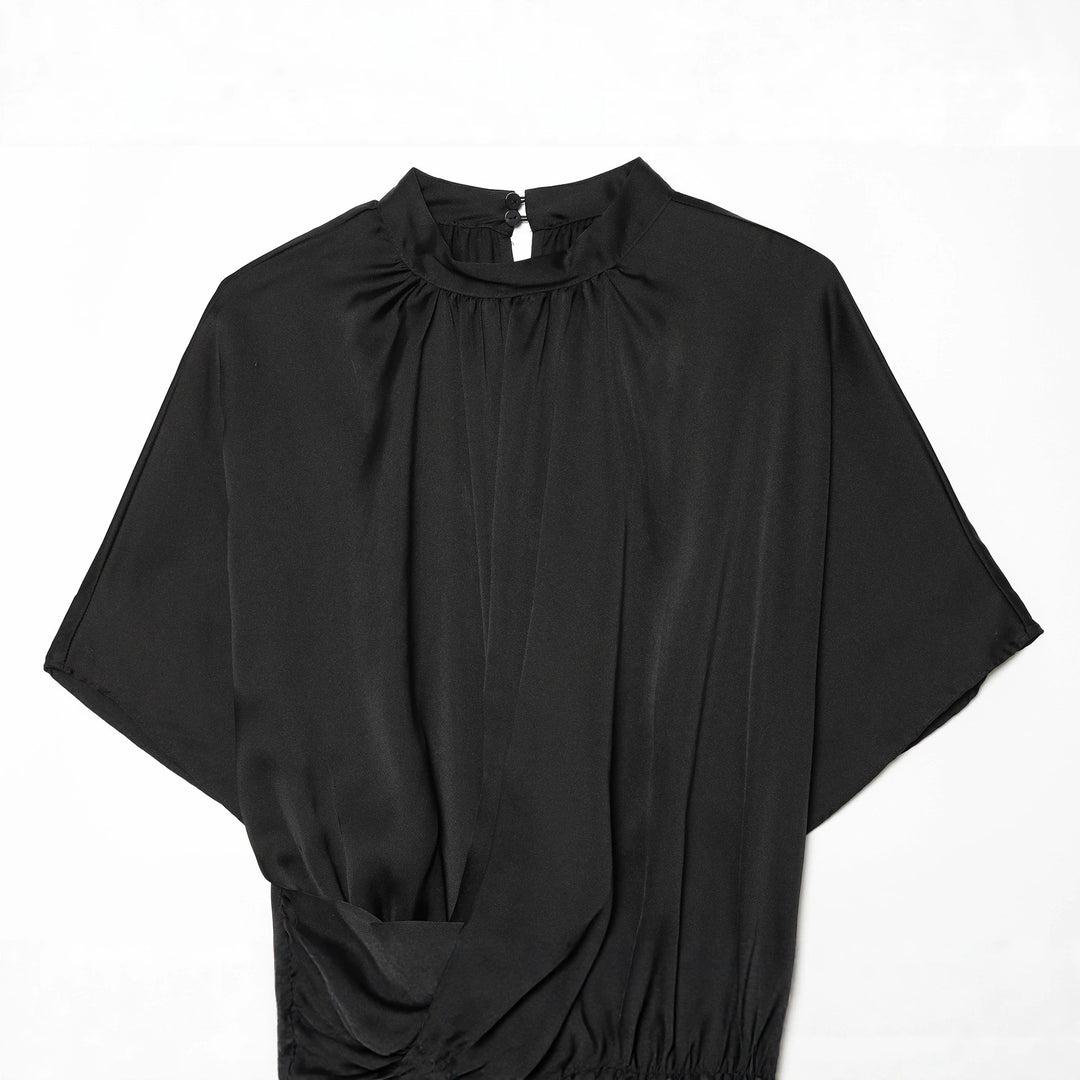Women's Elegant Blouse with Stand Collar, Gathered Waist and Ruffle Hem Mune Fashion