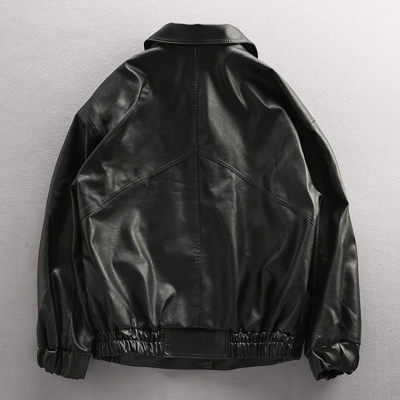 Men's Oversized Faux Leather Utility Jacket with Flap Pockets and Elastic Hem Mune Fashion