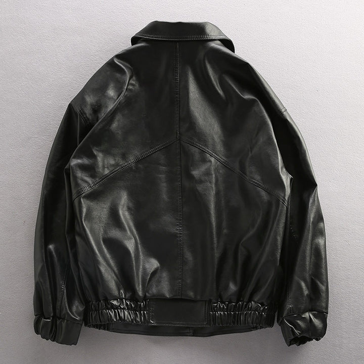 Men's Oversized Faux Leather Utility Jacket with Flap Pockets and Elastic Hem Mune Fashion