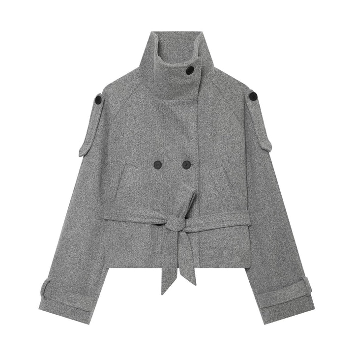 Women Short Wool Blend Cape Jacket with Waist Belt and Funnel Collar Mune Fashion