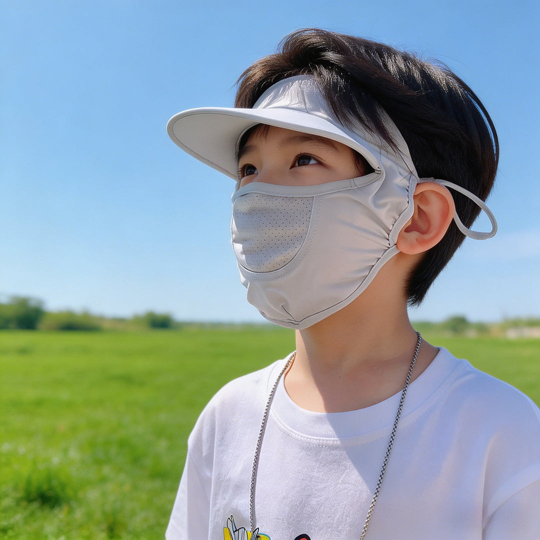 Women's sun protection visor with integrated breathable face mask and adjustable neck draw Mune Fashion