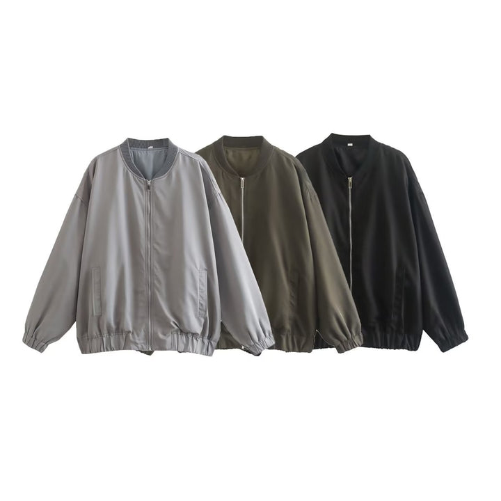 Unisex nan lighter oversized bomber jacket with continuous metal zipper, ribbed collar, and elastic hem Mune Fashion