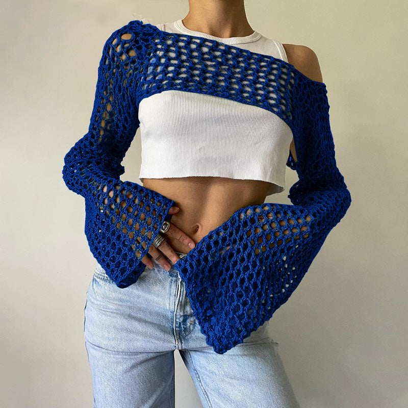 Women's Crocheted Long Sleeve Top with Off-Shoulder Design Mune Fashion
