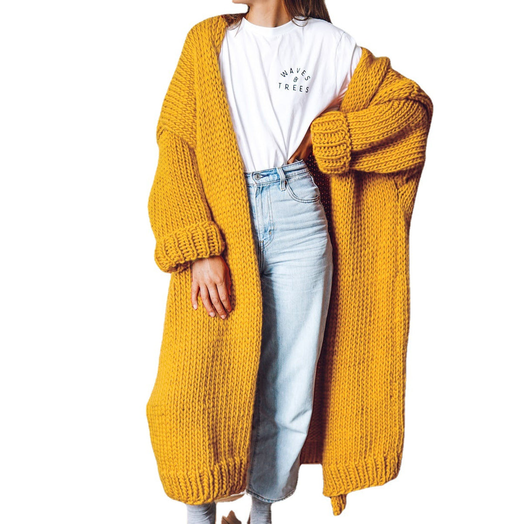 Women Oversize Maxi Chunky Knit Cardigan with Open Front and Voluminous Sleeves Mune Fashion