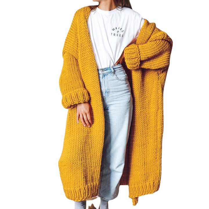 Women Oversize Maxi Chunky Knit Cardigan with Open Front and Voluminous Sleeves Mune Fashion