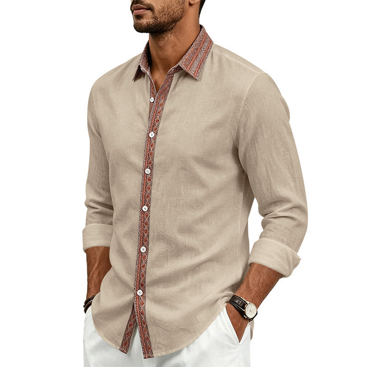 Men's Long Sleeve Linen Shirt with Contrast Trim at Collar and Button Placket Mune Fashion