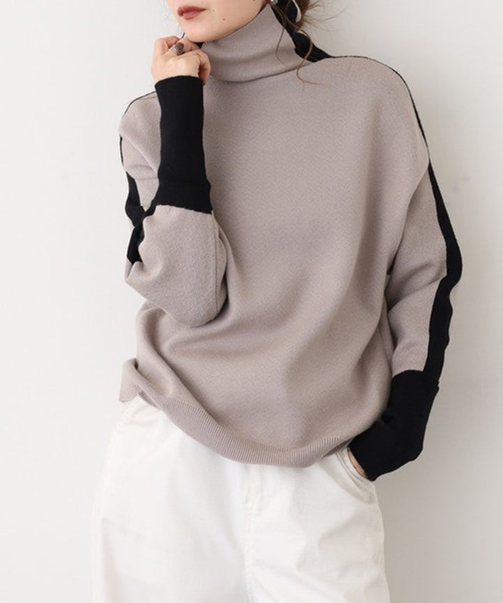 Women's Roll Neck Fine Knit Sweater with Wide Raglan Sleeves and Contrast Stripes Mune Fashion