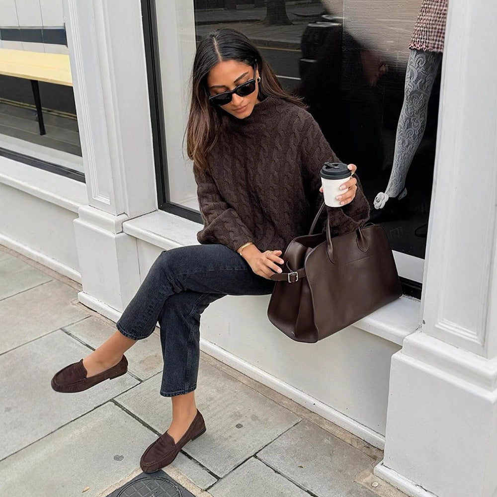 Women's Short-Cut Cable Knit Sweater with Turtleneck & Balloon Sleeves Mune Fashion