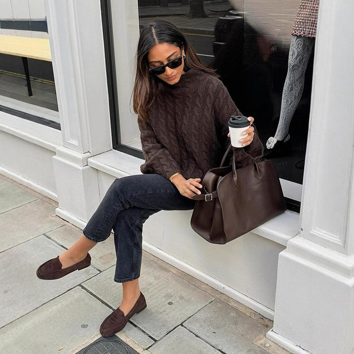 Women's Short-Cut Cable Knit Sweater with Turtleneck & Balloon Sleeves Mune Fashion